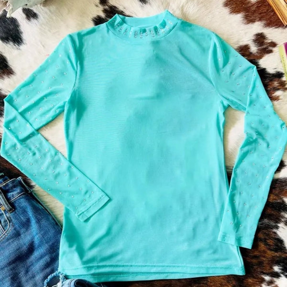 Turquoise Troubke Mesh Top Crystal Accents
